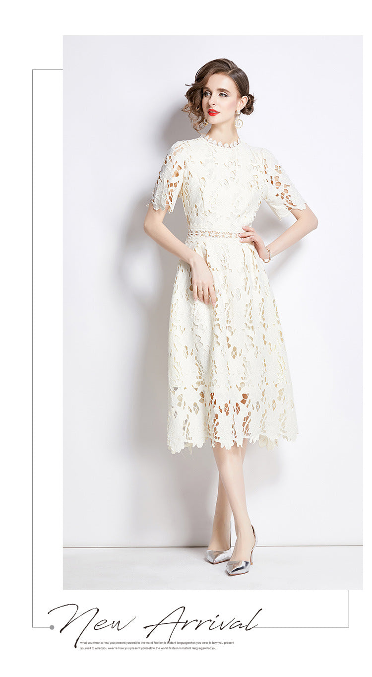 Jaca Lace Midi Dress Short Sleeve Round Neck Mid-Length Dress a Letter Embroidered Lace Dress - Seldom Seen Styles