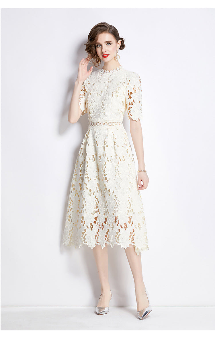 Jaca Lace Midi Dress Short Sleeve Round Neck Mid-Length Dress a Letter Embroidered Lace Dress - Seldom Seen Styles