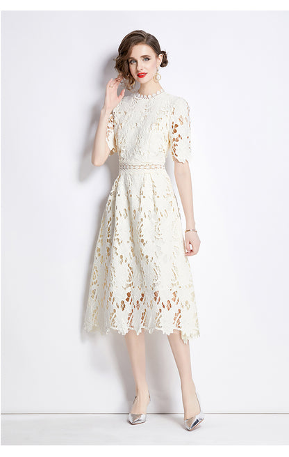 Jaca Lace Midi Dress Short Sleeve Round Neck Mid-Length Dress a Letter Embroidered Lace Dress