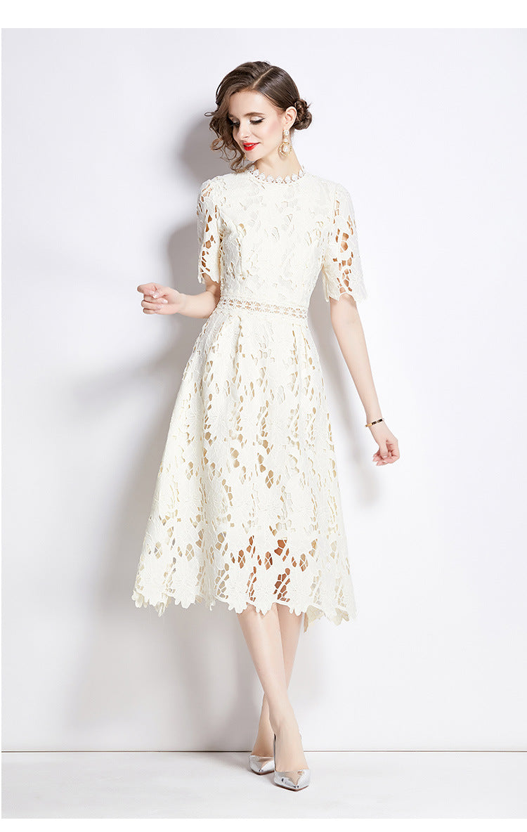 Jaca Lace Midi Dress Short Sleeve Round Neck Mid-Length Dress a Letter Embroidered Lace Dress - Seldom Seen Styles