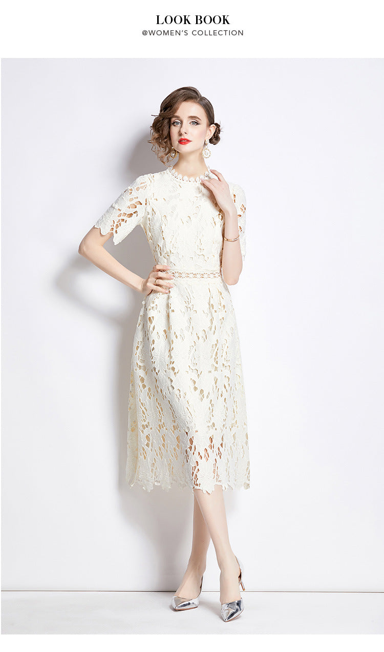 Jaca Lace Midi Dress Short Sleeve Round Neck Mid-Length Dress a Letter Embroidered Lace Dress - Seldom Seen Styles
