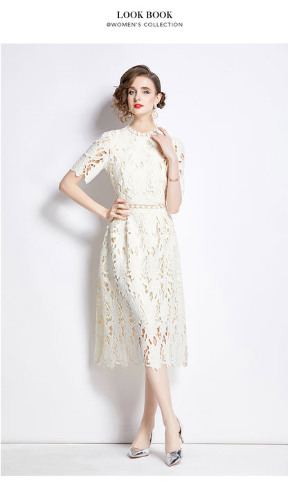 Jaca Lace Midi Dress Short Sleeve Round Neck Mid-Length Dress a Letter Embroidered Lace Dress