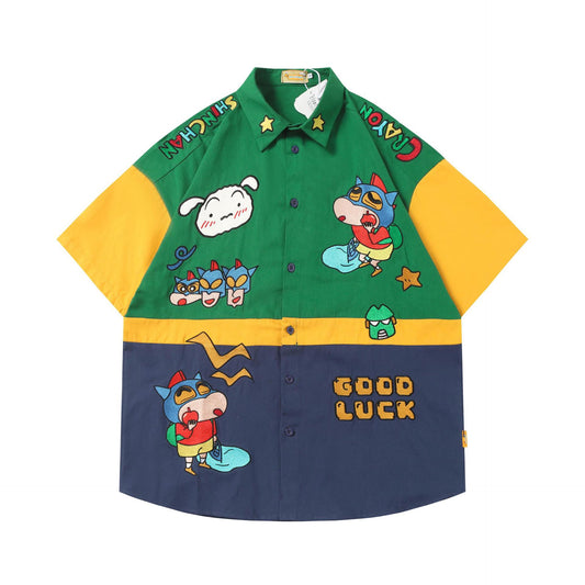 Japanese Cartoon Leather Patchwork Embroidered Short Sleeve Shirt Unisex Trendy Streetwear Couple Casual Tee | Patch Toon - Seldom Seen Styles