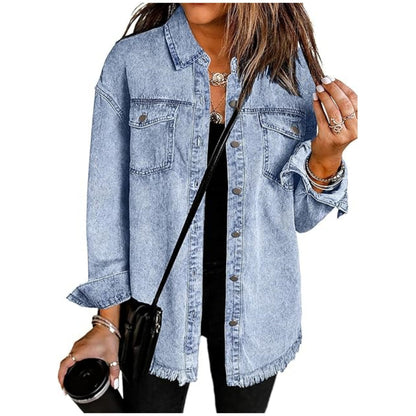Blousons en jean pour femmes Veste en jean déchirée à franges Blouson décontracté à manches longues avec poches Manteau en tissu Mode féminine Doux – Idée de tenue de rentrée scolaire