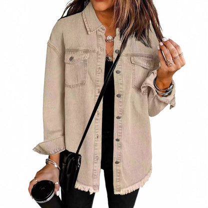 Blousons en jean pour femmes Veste en jean déchirée à franges Blouson décontracté à manches longues avec poches Manteau en tissu Mode féminine Doux – Idée de tenue de rentrée scolaire