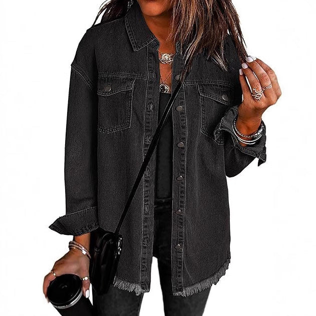 Jean Jackets for Women Ripped Fringe Denim Jean Jacket Casual Long Sleeve Pockets Jackets Coat Fabric Fashion Womenswear Soft – Back to School Outfit Idea - Seldom Seen Styles