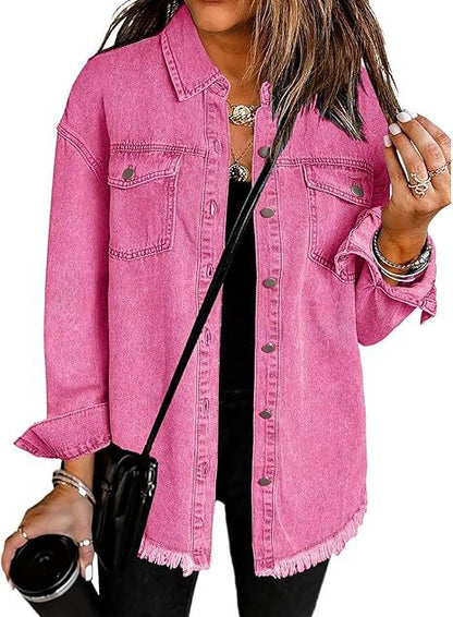 Blousons en jean pour femmes Veste en jean déchirée à franges Blouson décontracté à manches longues avec poches Manteau en tissu Mode féminine Doux – Idée de tenue de rentrée scolaire
