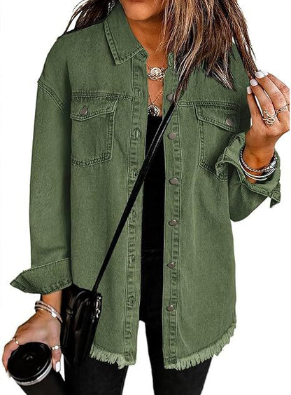Blousons en jean pour femmes Veste en jean déchirée à franges Blouson décontracté à manches longues avec poches Manteau en tissu Mode féminine Doux – Idée de tenue de rentrée scolaire