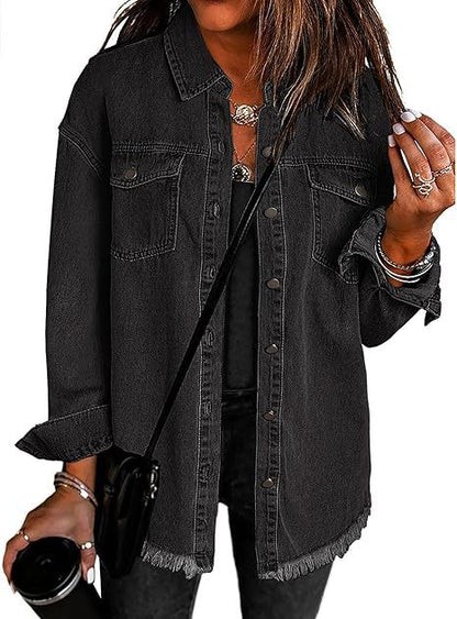 Blousons en jean pour femmes Veste en jean déchirée à franges Blouson décontracté à manches longues avec poches Manteau en tissu Mode féminine Doux – Idée de tenue de rentrée scolaire