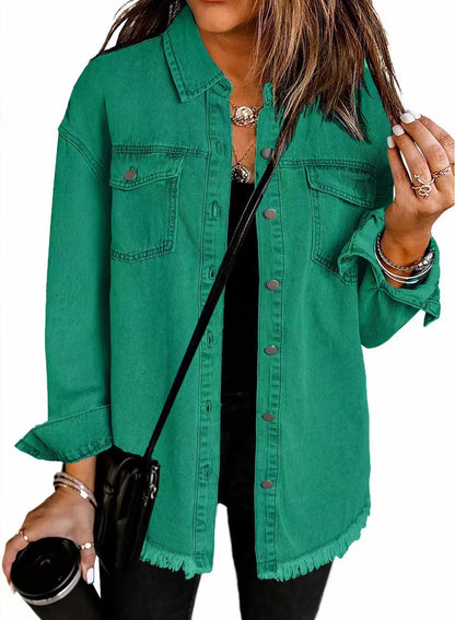Blousons en jean pour femmes Veste en jean déchirée à franges Blouson décontracté à manches longues avec poches Manteau en tissu Mode féminine Doux – Idée de tenue de rentrée scolaire