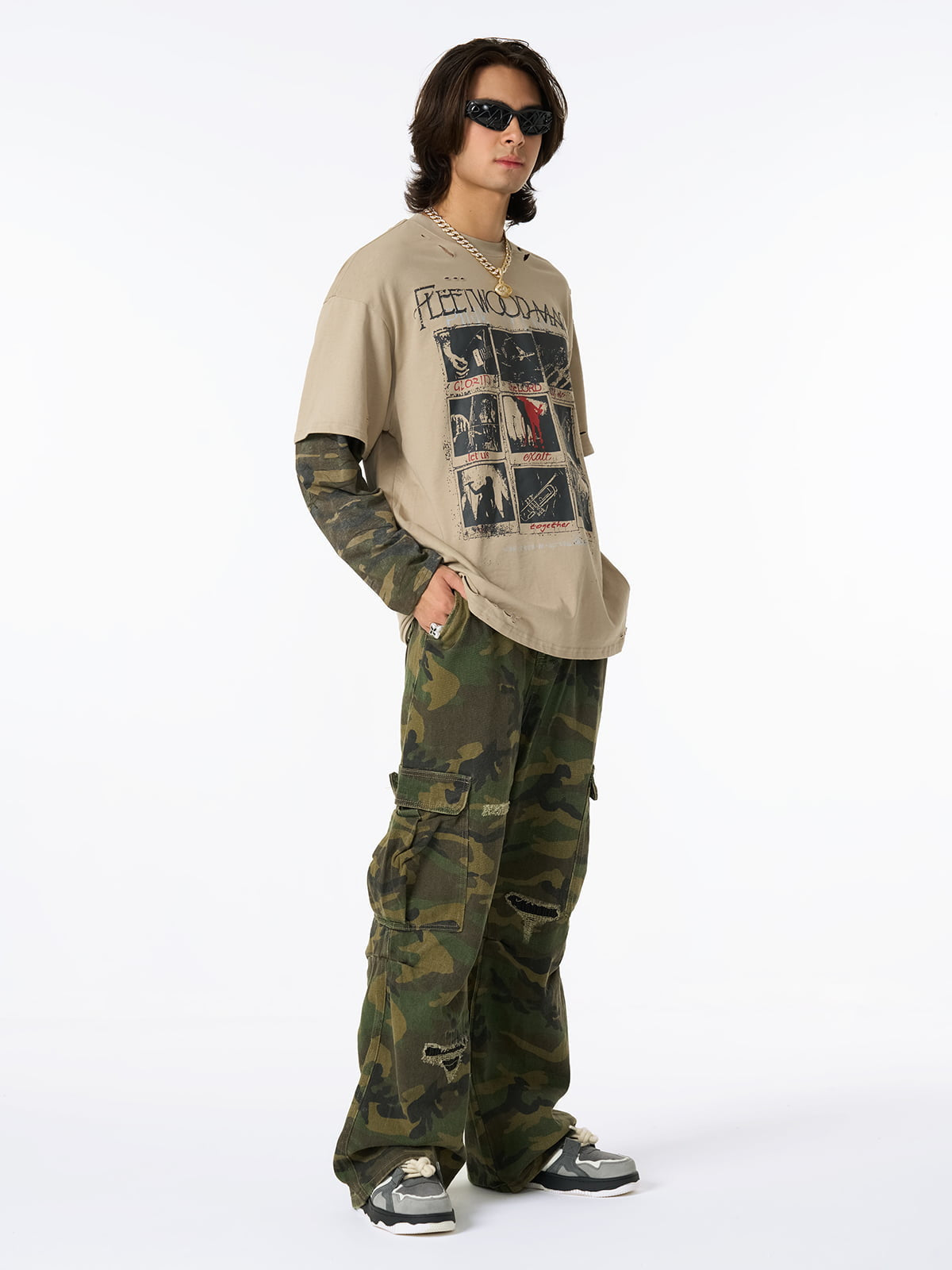 Jersey Distressed Camouflage Faux Two-Piece Graphic T-Shirt - Seldom Seen Styles