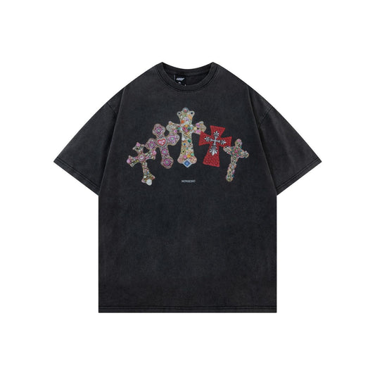 Jewelry Cross Print Short Sleeve T-Shirt Loose Oversized Couple Vibe Niche Design Streetwear Casual Summer Tee | Cross Jewel - Seldom Seen Styles