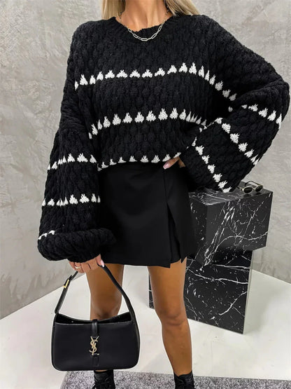 Cable striped crew neck pullover