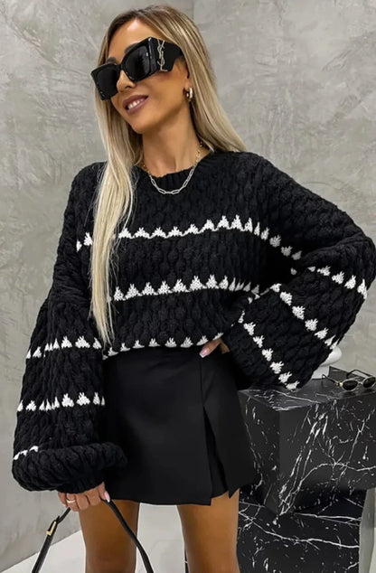 Cable striped crew neck pullover