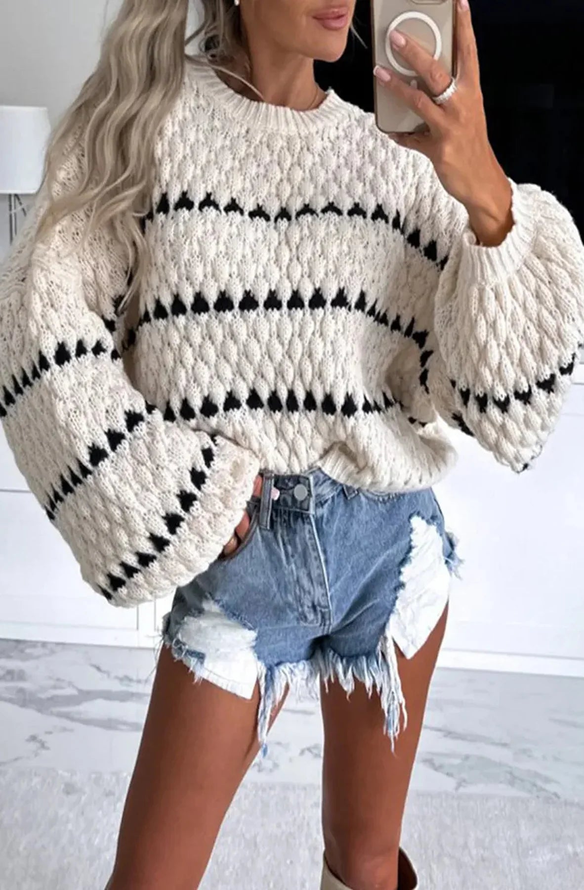 Cable striped crew neck pullover