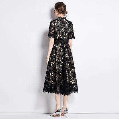 Karin Floral Embroidered Dress Waist-Cinching Flared Gown Dress