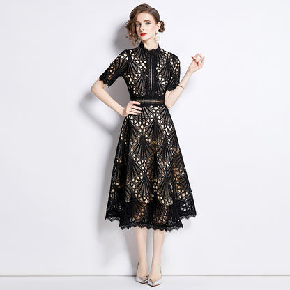 Karin Floral Embroidered Dress Waist-Cinching Flared Gown Dress