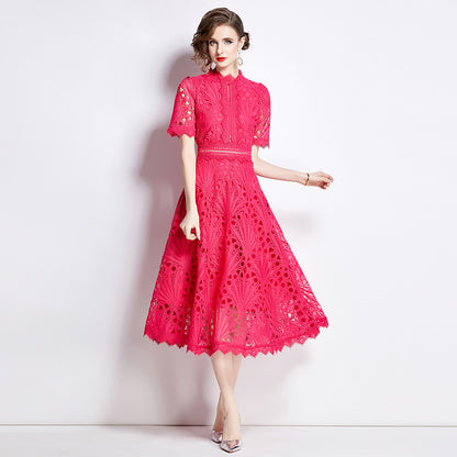 Karin Floral Embroidered Dress Waist-Cinching Flared Gown Dress