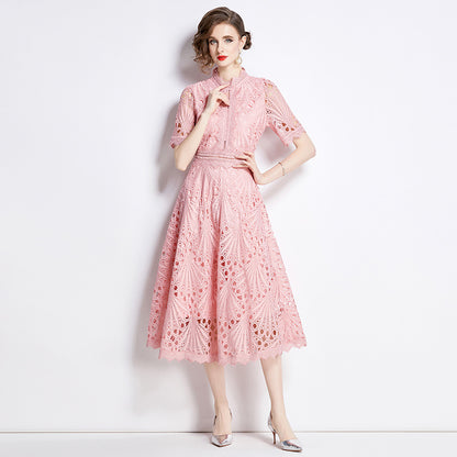 Karin Floral Embroidered Dress Waist-Cinching Flared Gown Dress