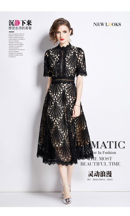 Karin Floral Embroidered Dress Waist-Cinching Flared Gown Dress