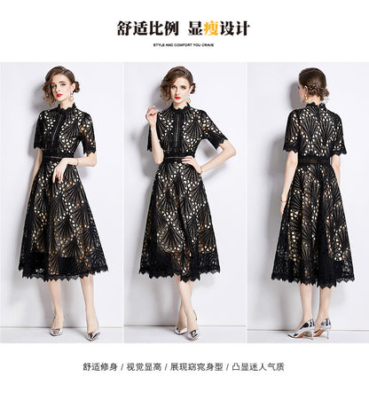 Karin Floral Embroidered Dress Waist-Cinching Flared Gown Dress