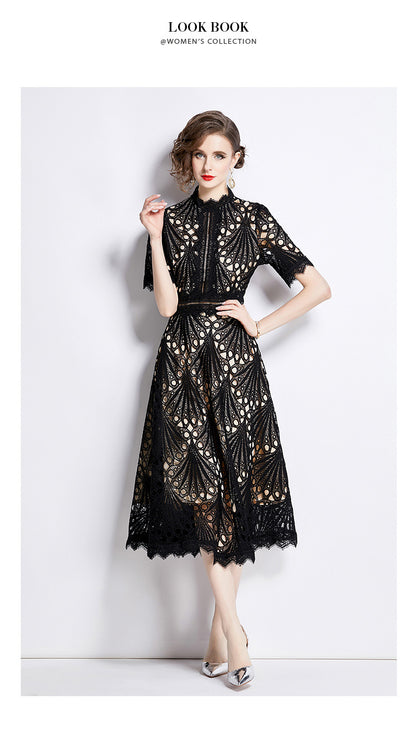 Karin Floral Embroidered Dress Waist-Cinching Flared Gown Dress