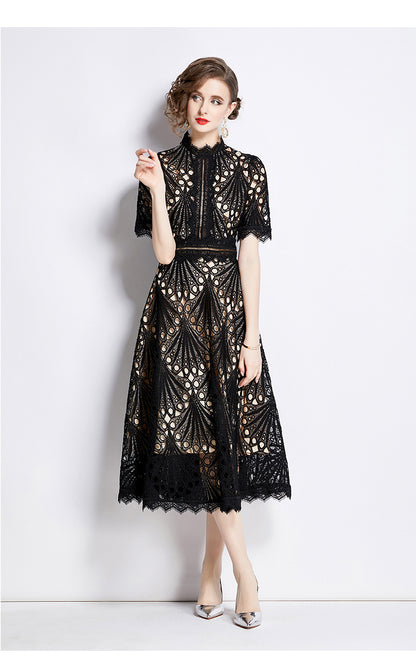 Karin Floral Embroidered Dress Waist-Cinching Flared Gown Dress