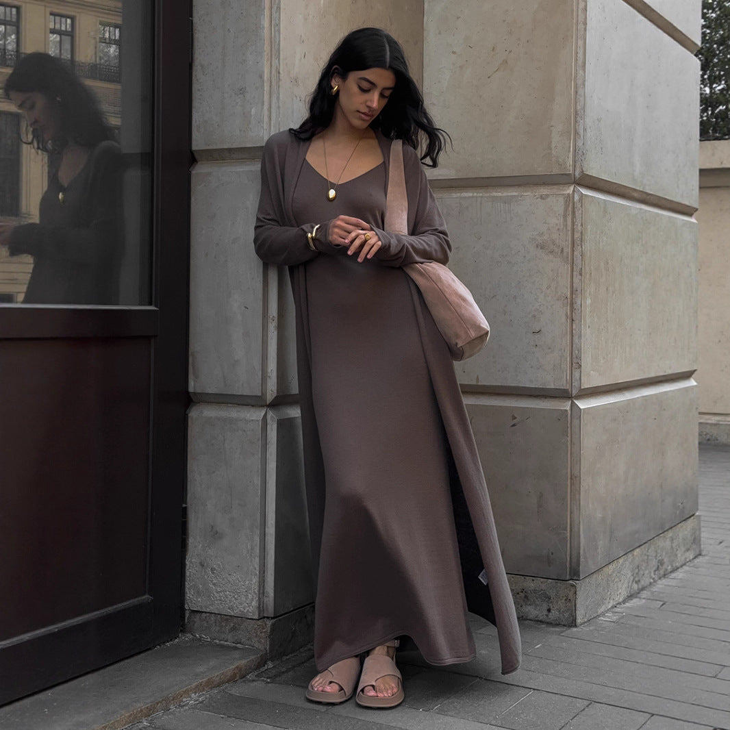 Knitted long-sleeved cardigan + suspender dress set autumn soft blouse set women - Seldom Seen Styles