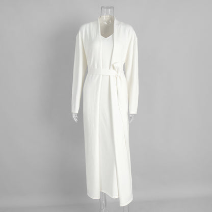 Knitted long-sleeved cardigan + suspender dress set autumn soft blouse set women