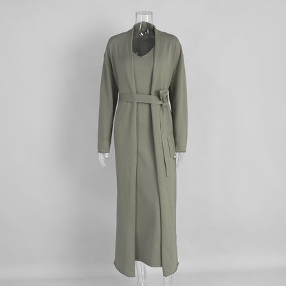 Knitted long-sleeved cardigan + suspender dress set autumn soft blouse set women