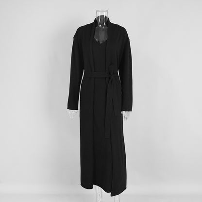 Knitted long-sleeved cardigan + suspender dress set autumn soft blouse set women