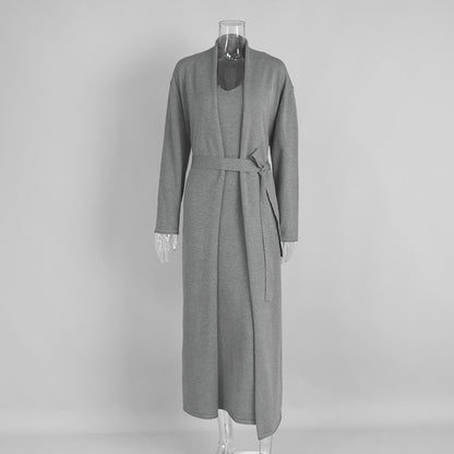 Knitted long-sleeved cardigan + suspender dress set autumn soft blouse set women