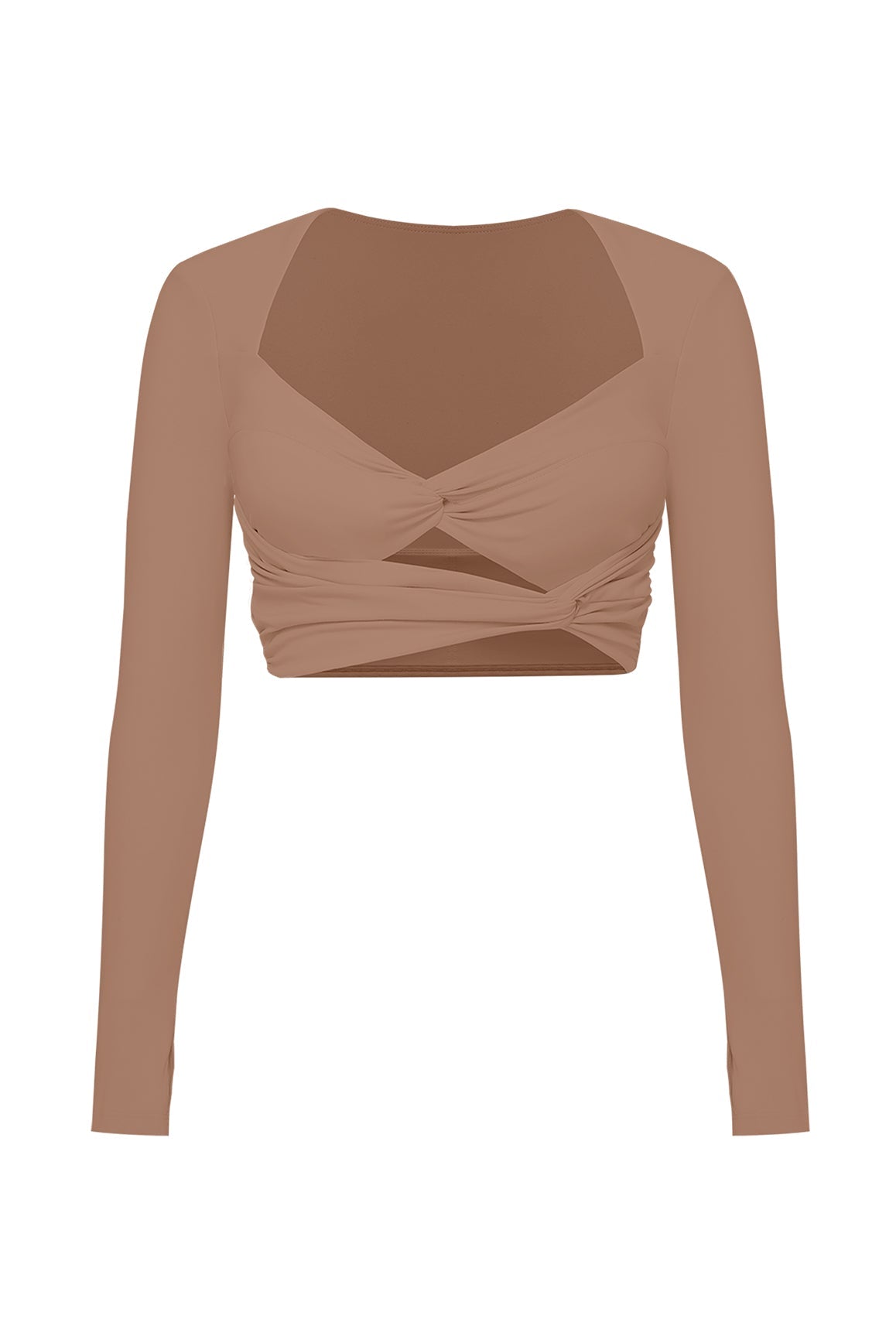 Knotty Chic Ruched Long Sleeve Crop Top | Tuscan Tan | WISKII Active