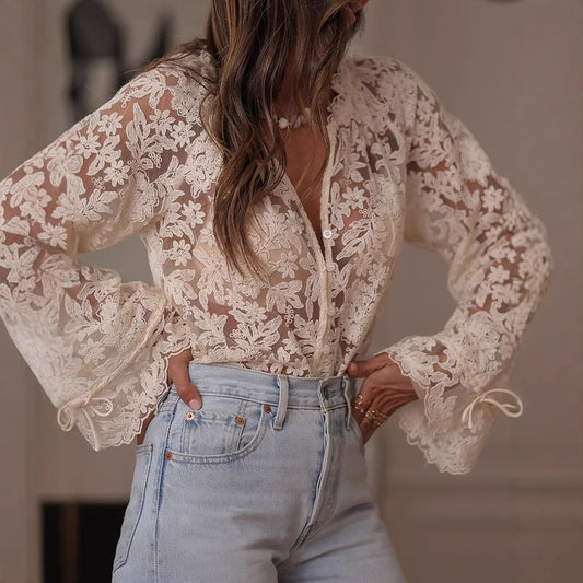 Korean version of the new hollow casual lace shirt lace shirt women - Seldom Seen Styles