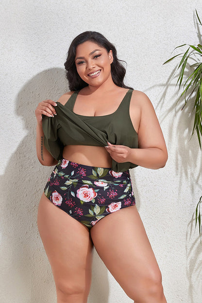 (L-4XL) Geblümtes High Waist Bikini Set