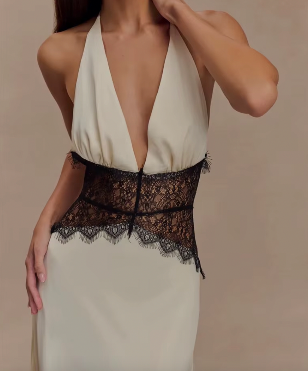 LEILA HALTER V NECK MAXI DRESS WITH LACE - Seldom Seen Styles