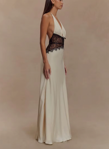 LEILA HALTER V NECK MAXI DRESS WITH LACE