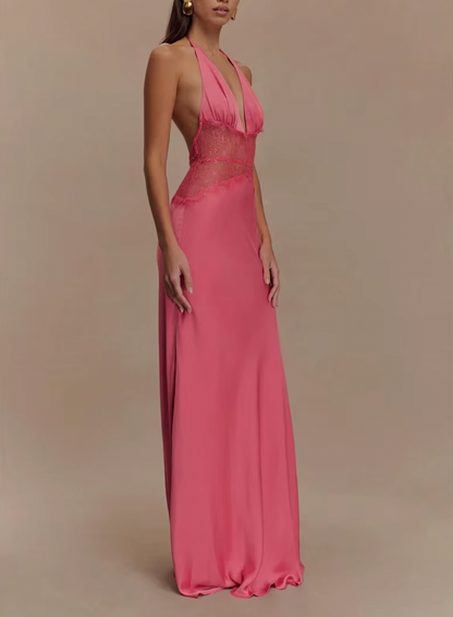 LEILA HALTER V NECK MAXI DRESS WITH LACE