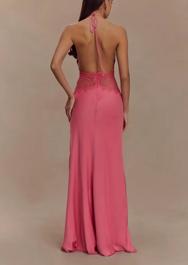 LEILA HALTER V NECK MAXI DRESS WITH LACE - Seldom Seen Styles