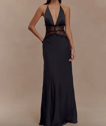 LEILA HALTER V NECK MAXI DRESS WITH LACE