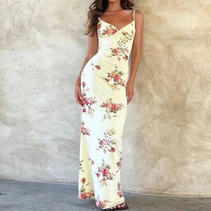 Sleeveless Floral Print V-Neck Slim Maxi Dress