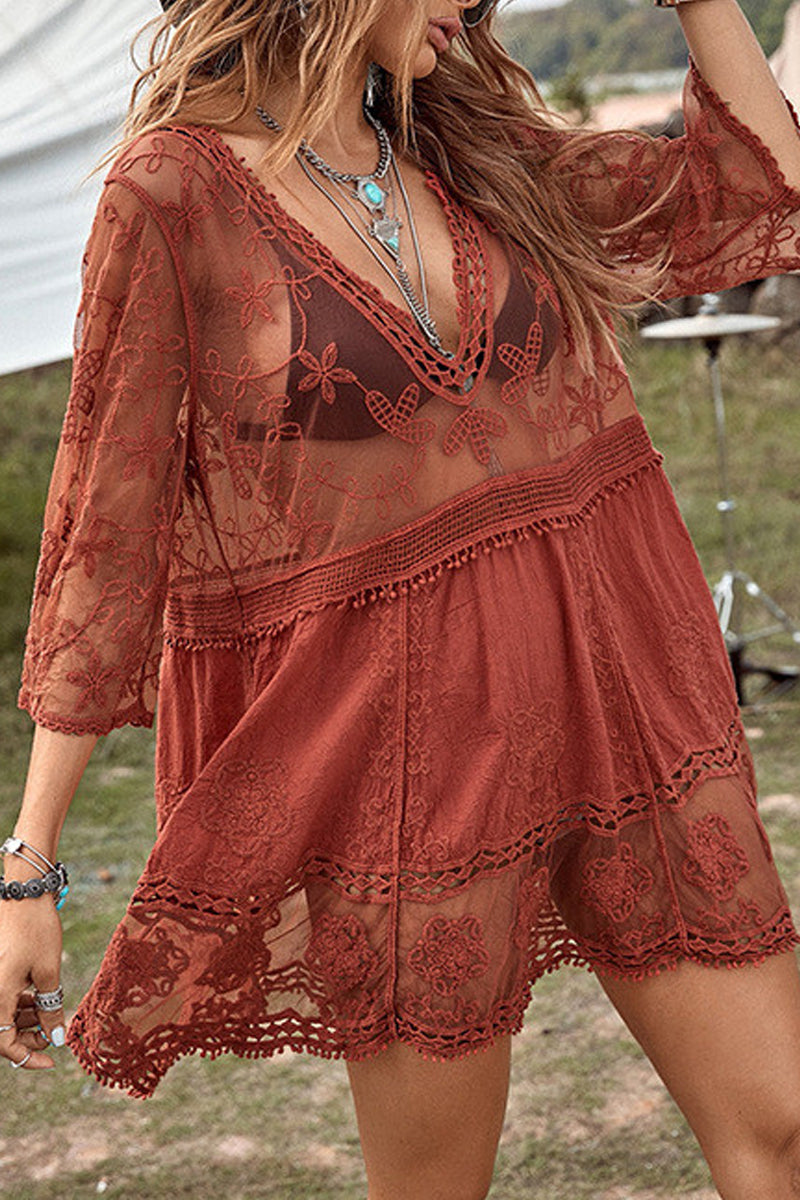 Lace Embroidered Patchwork V Neck Cover up - Seldom Seen Styles