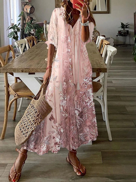 Lace Floral Print V Neck Casual Loose Half Sleeves Maxi Dress - Seldom Seen Styles
