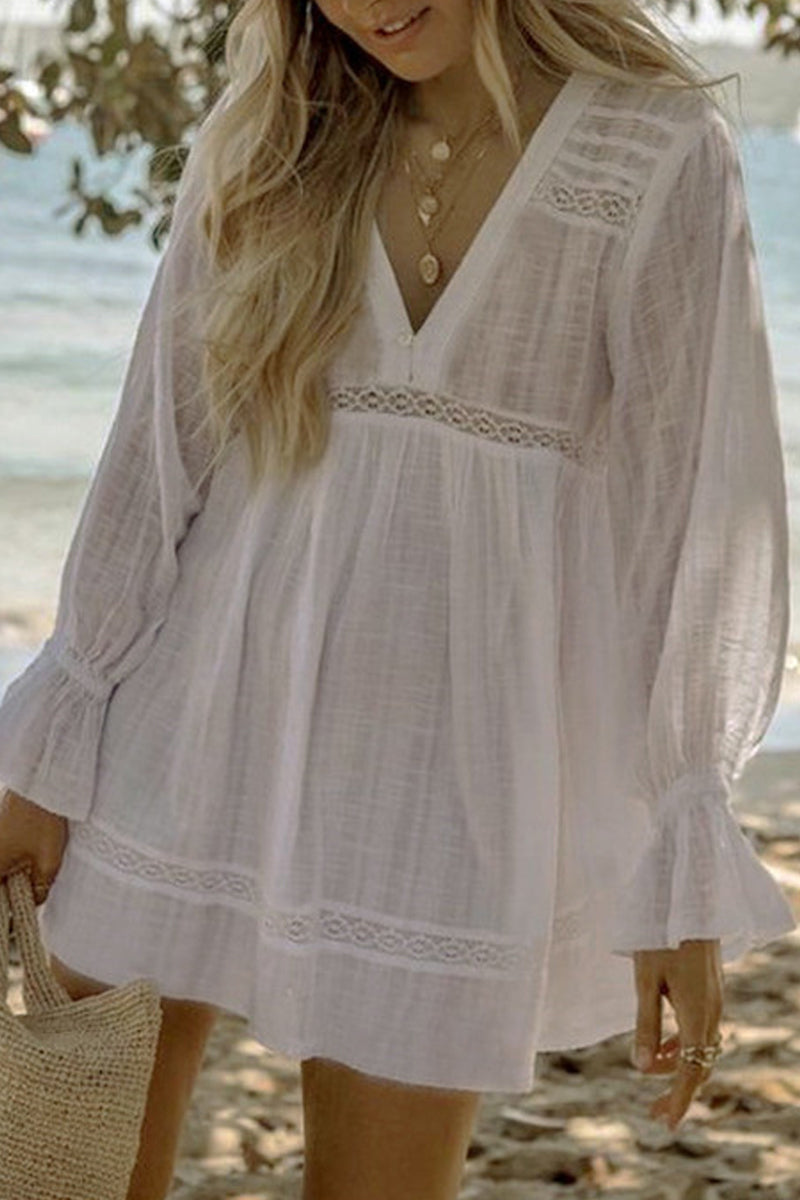 Lace Ruffled Patchwork V Neck Cover up - Seldom Seen Styles