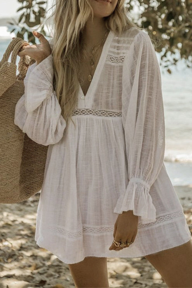 Lace Ruffled Patchwork V Neck Cover up - Seldom Seen Styles