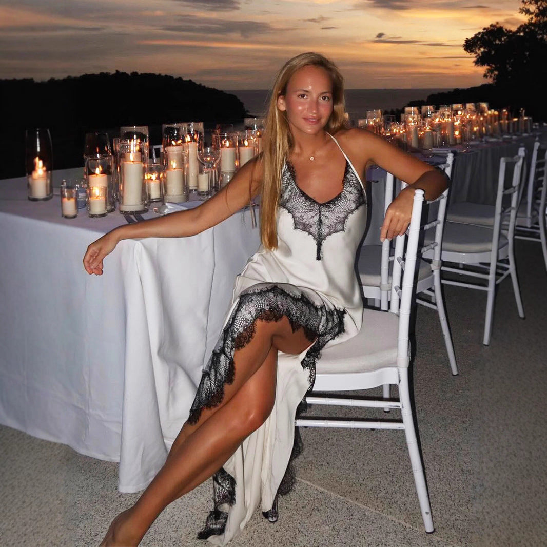 Lace lace suspender dress summer simulation silk sexy split splicing lace dress women - Seldom Seen Styles