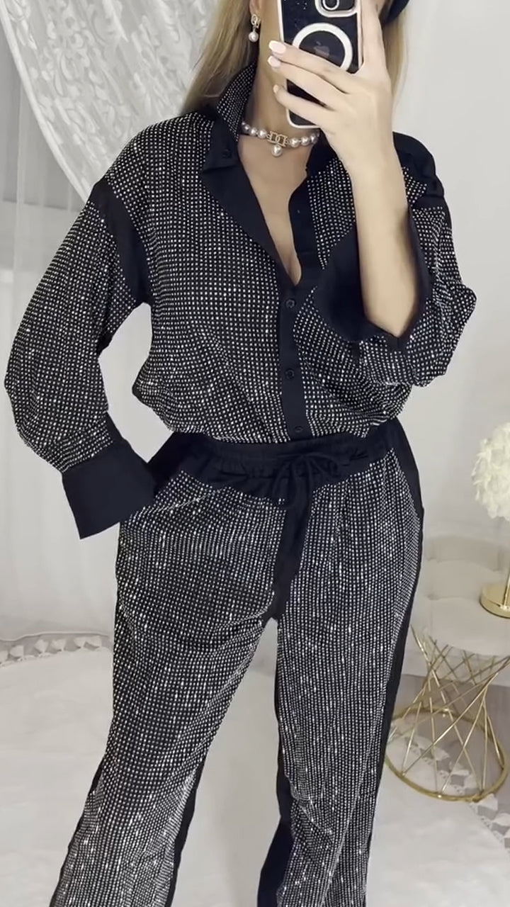 Ladies' Collar Hot Pressed Diamond Splicing Top+ Pants Casual Set - Seldom Seen Styles