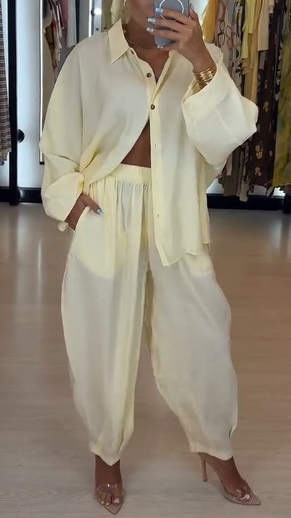Ensemble décontracté chemise à col et pantalon de couleur unie pour femme