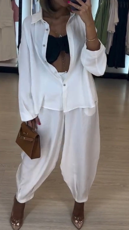 Ensemble décontracté chemise à col et pantalon de couleur unie pour femme