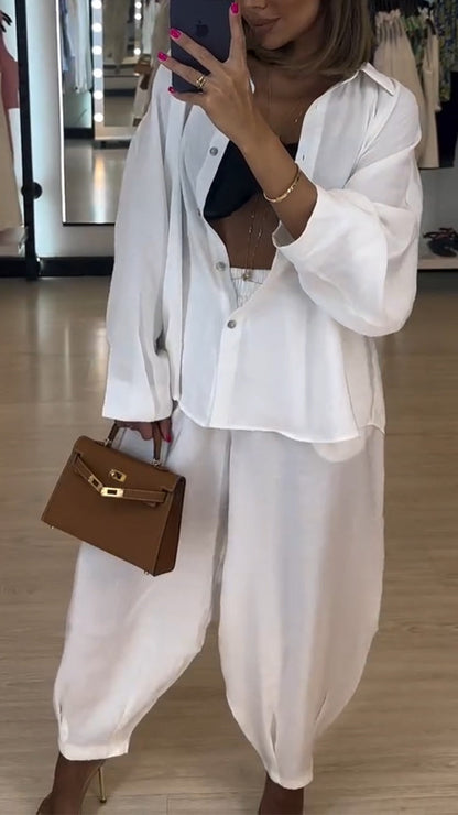 Ensemble décontracté chemise à col et pantalon de couleur unie pour femme